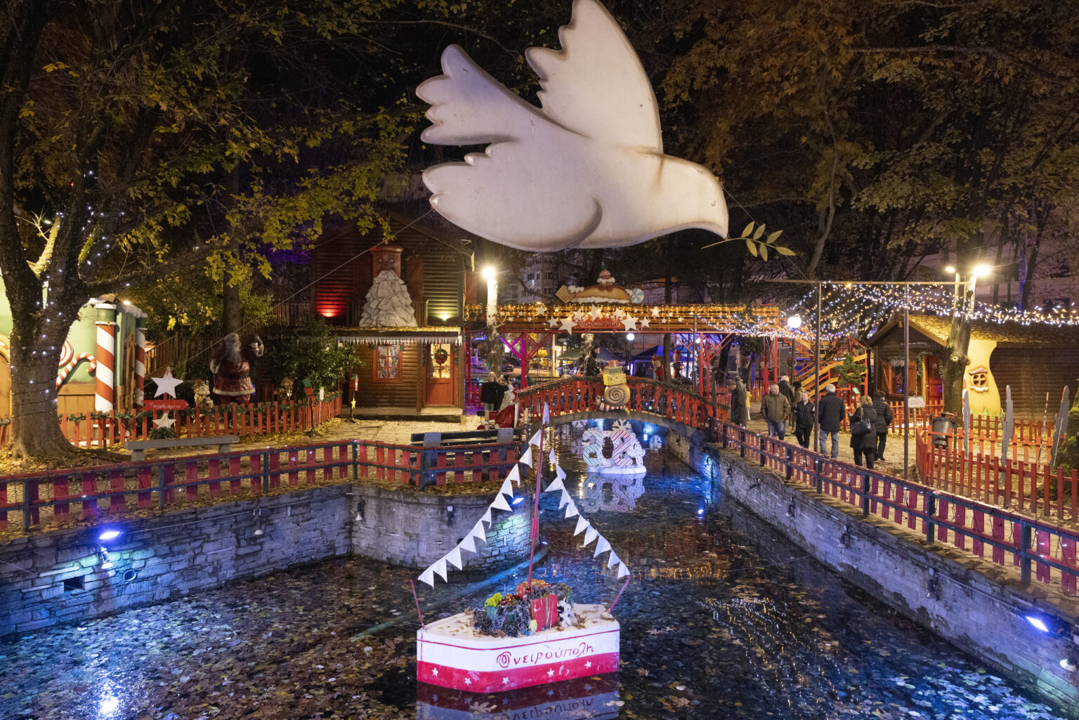 Festive decorations and Christmas lights at Oneiroupoli in Drama, Greece’s famous Christmas village